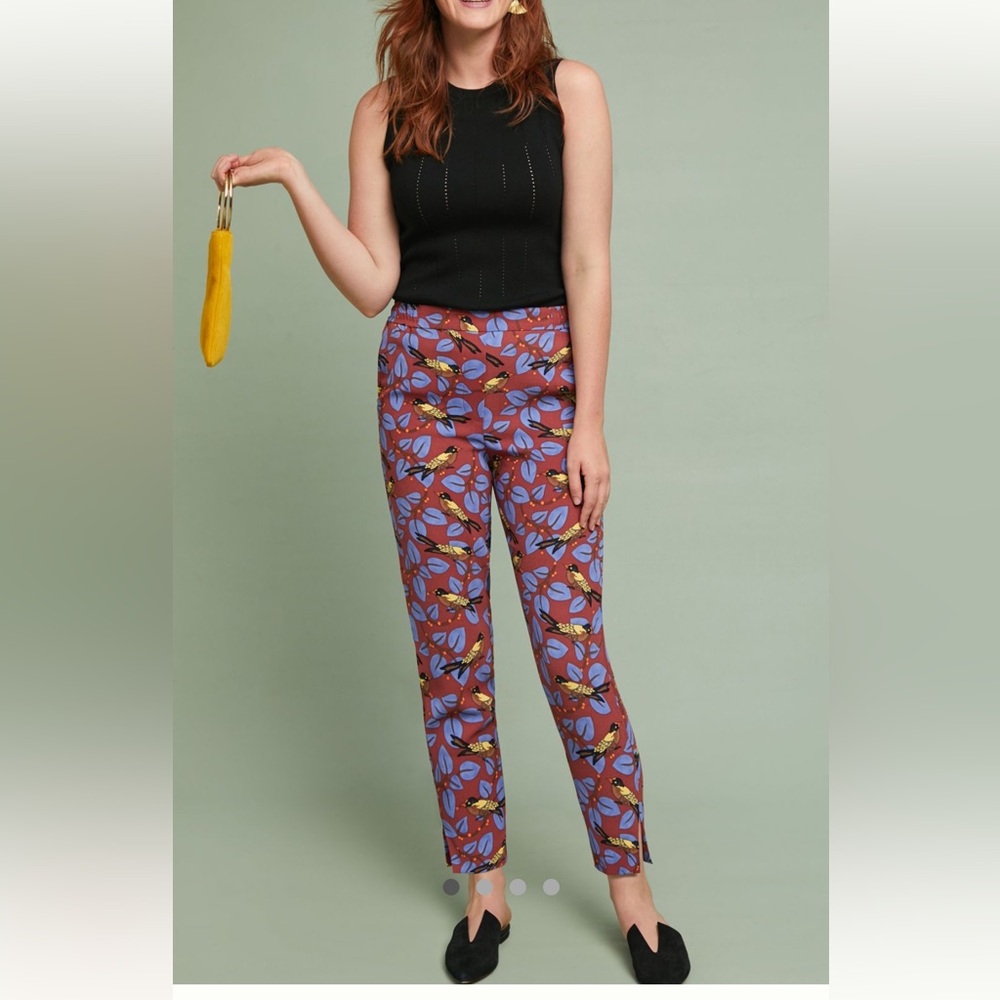 Anthropologie essential slim Rust Crop Pants with Blue Leaf & Yellow Bird Print